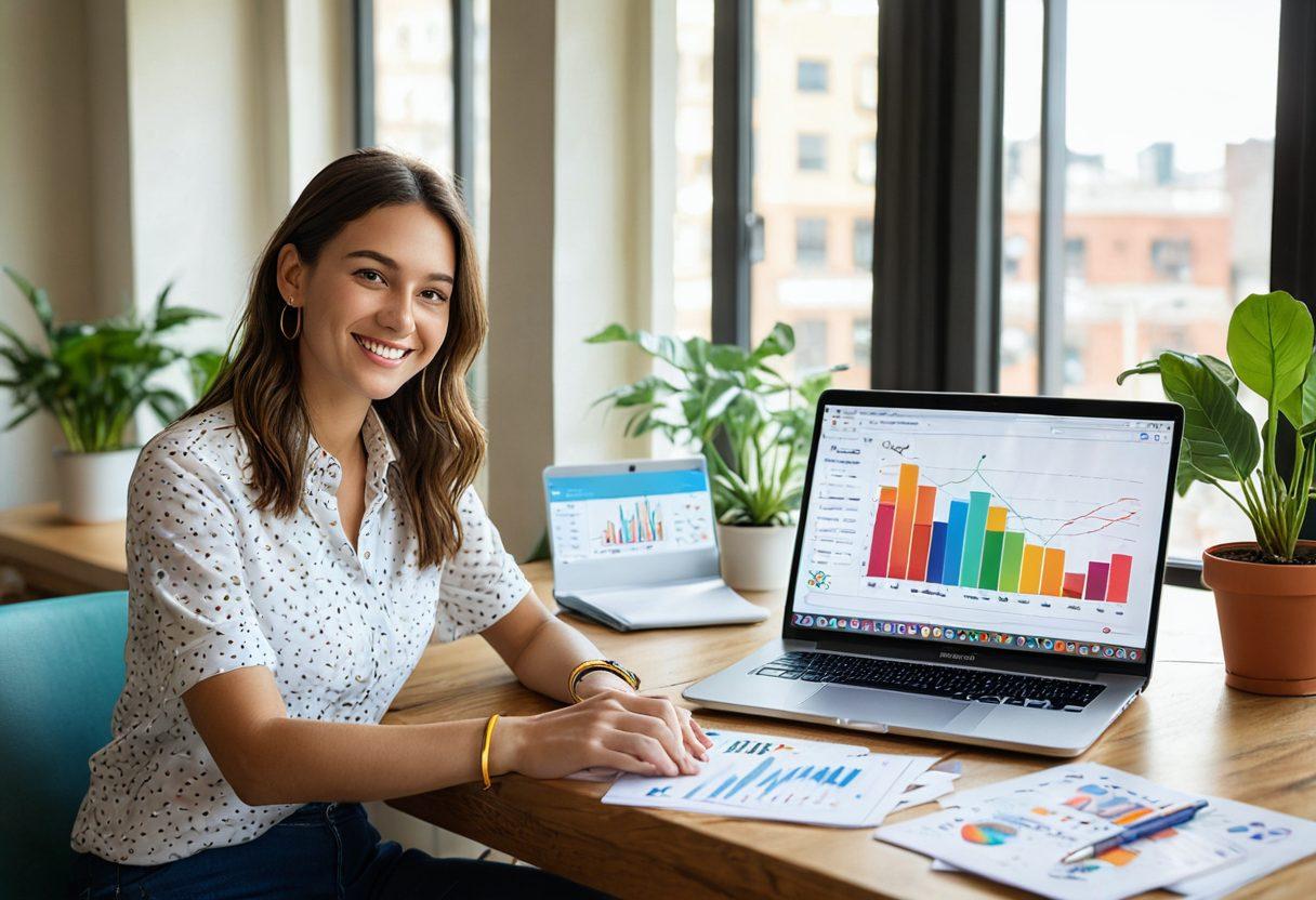 A cheerful person sitting at a desk with an open laptop, surrounded by colorful graphs and floating dollar signs, symbolizing financial growth and satisfaction. Bright sunlight streams in through a window, illuminating a small plant representing prosperity. The background features a digital banking interface with various apps displayed. vibrant colors. super-realistic.