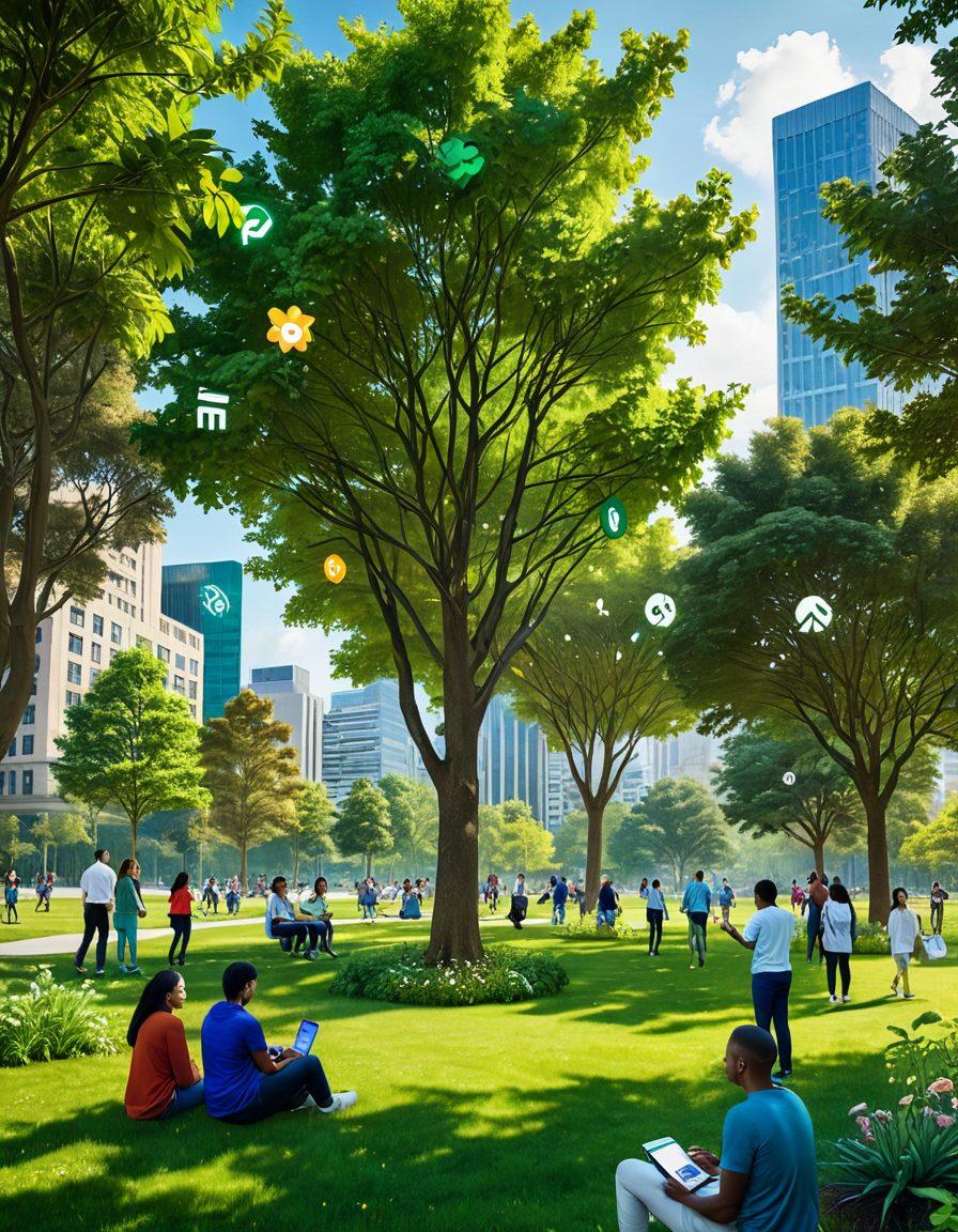 A serene scene depicting a diverse group of people enjoying life, surrounded by symbols of financial innovation such as digital currency, green investment plants, and community banking buildings. Bright, uplifting colors to evoke a sense of happiness and optimism, blending elements of nature with technology. Include visual metaphors of growth and support. super-realistic. vibrant colors. light background.