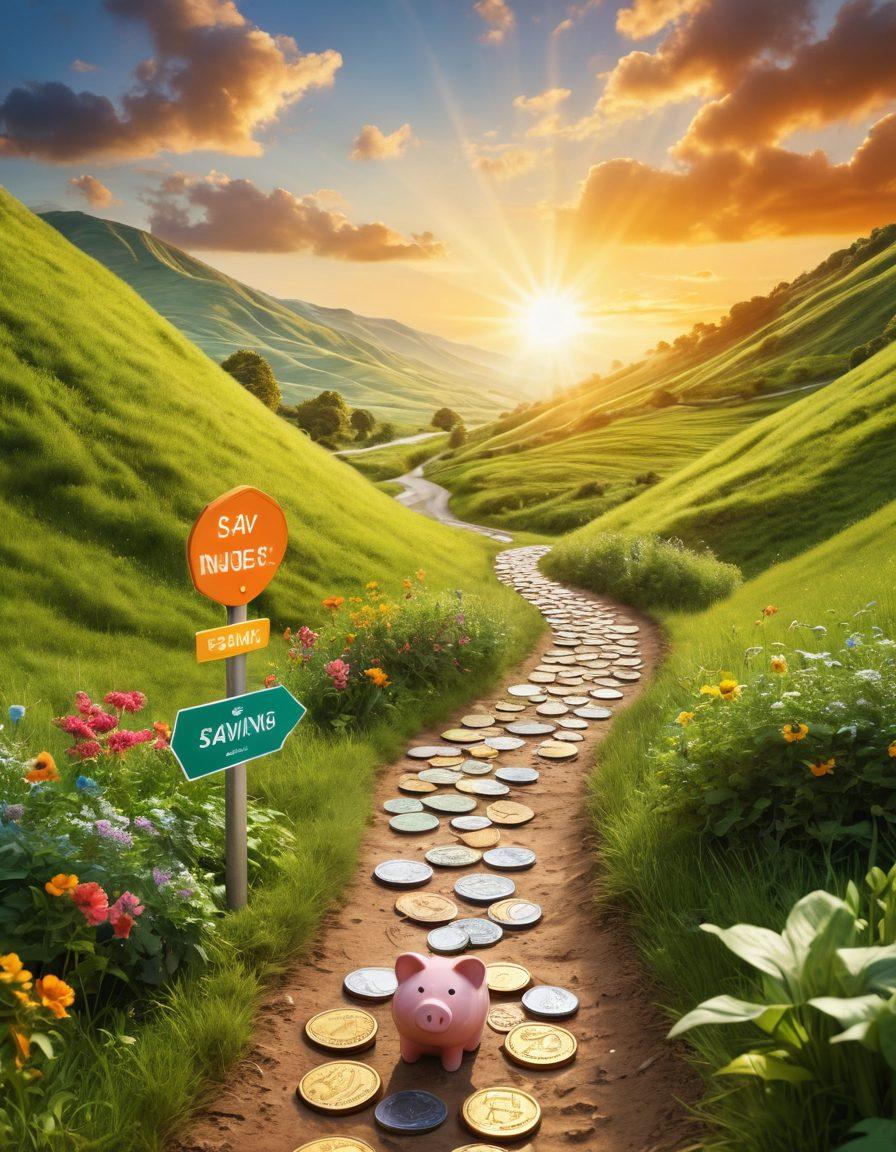A creative pathway winding through vibrant green hills, with signs indicating 'Budgeting', 'Saving', and 'Investing' along the way, symbolizing the financial journey. Include illustrations of coins, graphs, and piggy banks along the path. Showcase a bright sun rising in the background, representing hope and prosperity. super-realistic. vibrant colors. white background.
